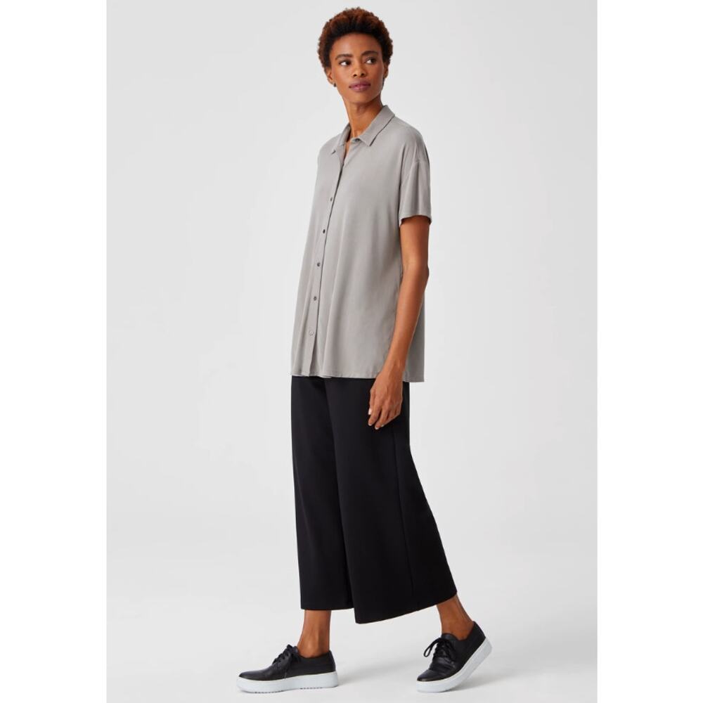 Eileen Fisher Knit Short Sleeve Button Front Shirt Smoke Gray Women's X Small